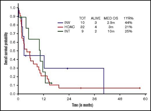 Figure 3. OS within younger ts-AML by different induction regimens. INT, intermediate intensity regimen; INV, low-intensity/investigational regimens; m, months.