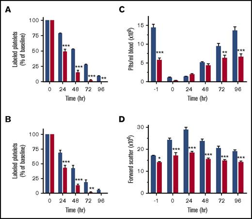 Figure 3. Arp2/3-deficient platelets are cleared from circulation at an increased rate. (A) Clearance of antibody-labeled platelets from circulation in control and Arpc2fl/flPF4-Cre mice (n = 5). (B) Clearance of antibody-labeled control and Arpc2fl/flPF4-Cre platelets cotransfused into wild-type recipient mice (n = 6). (C) Platelet count and (D) platelet size in the indicated mice at various time points following antibody-mediated depletion of circulating platelets (n = 7). Blue bars, control; red bars, Arpc2fl/flPF4-Cre. Data presented as mean ± SEM, *P < .05, **P < .01, ***P < .001.