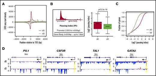 Figure 2. Genome-wide reduction of transcription pausing upon granulocytic differentiation. (A) Metagene analysis showing transcriptionally engaged Pol II occupancy measured by GRO-seq on both sense and antisense strands in undifferentiated human CD34+ HSPCs (day 0) and 3-day differentiated cells (day 3). (B) Left, An illustration for calculation of PI by the ratio of Pol II occupancy at promoter vs gene body. The promoter is defined from 300 bp upstream to 300 bp downstream of the TSS. The gene body is defined from 300 bp downstream of the TSS until the end of the gene or up to 13 kb for genes longer than 13 kb. Right, Boxplot analysis to compare PI between HSPCs (day 0) and granulocytes (day 3). (C) Cumulative distribution function analysis to compare PI distribution in HSPCs (day 0) and granulocytes (day 3). (D) Genome browser captures of GRO-seq for granulocytic differentiation regulator genes (PU.1 and CSF3R) and progenitor genes (TAL1 and GATA2) in HSPCs (day 0) and granulocytes (day 3). Scale bar and gene diagram are depicted above the captures. Yellow shades highlight promoter peaks.
