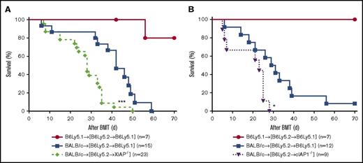 Figure 6. Absence of IAPs in host target tissues plays an important role in aggravating GVHD. To make BM chimeras, B6-WT, B6-cIAP1−/−, and B6-XIAP−/− animals were lethally irradiated with 10 Gy and infused with 5 × 106 BM cells and 5 × 106 splenocytes from syngeneic B6Ly5.2 donors. Three to 4 months later, B6 Ly5.2→B6, B6Ly5.2→cIAP1−/−, and B6Ly5.2→XIAP−/− animals were irradiated with 9 Gy and received 3 × 106 CD90+ T cells along with 5 × 106 TCD-BM cells from either syngeneic B6 or allogeneic MHC-mismatched BALB/c donors. (A-B) Survival. ***P < .001 or **P < .01, when allogeneic B6Ly5.2→B6 vs B6Ly5.2→XIAP−/− animals or allogeneic B6Ly5.2→B6 vs B6Ly5.2→cIAP−/− animals were compared (n = 9-27 per group, pooled from 3 to 4 independent experiments). The bar shows the mean ± SEM.