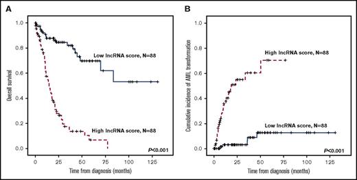 Figure 2. Kaplan-Meier plots, stratified by lncRNA scores. (A) OS and (B) cumulative incidence of AML transformation of the 176 MDS patients in the training cohort. Patients with higher lncRNA scores had worse clinical outcomes than those with lower scores.