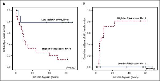 Figure 4. Kaplan-Meier plots of an independent validation cohort stratified by lncRNA scores. (A) OS and (B) cumulative incidence of AML transformation of the 30 MDS patients in the validation cohort. Patients with higher lncRNA scores had shorter OS and higher AML transformation rates.