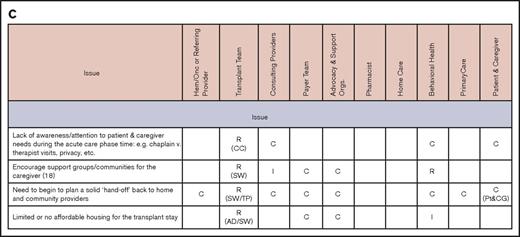 Issues and stakeholders in care coordination. Evaluation (A), pretransplantation (B), transplantation event (C), and follow-up care (D). AD, administrator; C, consulting; CC, care coordinator; CG, caregiver; CP, consulting provider; GVHD, graft-versus-host disease; Hem/Onc, hematologist/oncologist; I, informed; P, payer; PCM, payer case manager; Pt, patient; R, responsible; SSI, supplemental security income; SW, social worker; TC, transplant center; TFC, transplantation financial coordinator; TP, transplantation physician.