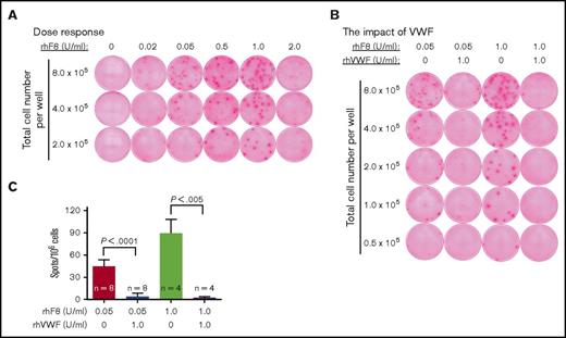 Figure 5. Memory B-cell–mediated ELISPOT assay. Splenocytes were isolated from rhF8-immunized FVIIInull mice, and CD138+ plasma cells were depleted. The remaining cells (CD138−) were used as memory B-cell pools. CD138− memory B-cell pools were cultured with various doses of rhF8 with or without 1 U/mL rhVWF for 6 days to induce differentiation of memory B cells into ASCs. ASCs were determined by ELISPOT assay. Each spot represents a single ASC. (A) The rhF8 dose response on inducing differentiation of memory B cells into ASCs and anti–FVIII antibody production. (B) Representative ELISPOT images showing the impact of VWF on memory B-cell differentiation and antibody secretion. (C) ASC counts in various culture conditions. The paired Student t test was used to compare data sets. These results demonstrate that VWF can mitigate FVIII-specific differentiation of memory B cells into ASCs and anti–FVIII antibody production.
