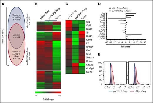 Figure 2. The microarray analysis of gene expression profile. RNA was purified from pltLys-iTreg, purTGFβ-iTreg, and Tconv cells. Samples were labeled and hybridized to Affymetric 430 2.0 GeneChips. Data are averaged from 3 arrays for each subset. Image data were analyzed with Affymetrix Expression Console software and normalized with Robust Multichip Analysis to determine signal log ratios. (A) Venn diagram showing commonly and uniquely regulated probe sets found in pltLys-iTreg and purTGFβ-iTreg cells. Probe sets that revealed a 1.4-fold or greater difference (|log2 ratio| > 0.5) and ranked a product false discovery rate of <10% relative to Tconv cells are shown. (B) Heat map showing the fold change in expression of the 1646 differentially regulated probe sets identified in panel A. (C) Annotated heat map showing the expression levels of selected differentially regulated probe sets. For panels B and C, the scale (−4-fold to +4-fold). (D) Bar graphs compare the fold change in expression of select prototypical genes associated with immune functions in pltLys-iTreg and purTGFβ-iTreg cells. (E) Flow cytometry analysis of GzmB (left) and IFN-γ (right) expression in pltLys-iTreg and purTGFβ-iTreg cells.