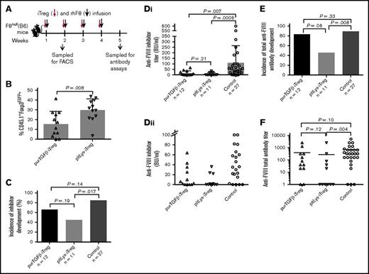 Figure 4. The suppressive function of pltLys-iTregs in the immune response in vivo. One million CD4+EGFP+ Treg cells (iTregs/CD45.1+) induced in vitro by pltLys or purTGFβ were sorted and transfused into F8null/CD45.2+ mice followed by rhF8 immunizations. (A) Schematic diagram of iTreg cells and rhF8 transfusion in F8null(B6) mice. (B) Stability of Foxp3 expression on Treg cells induced by pltLys. Foxp3EGFP expression was analyzed by flow cytometry on peripheral CD45.1+CD4+ T cells 6 days after iTreg cell transfusion. (C) The incidence of anti-FVIII inhibitor development. Bars represent percentages. (Di) The titers of inhibitory antibodies in immunized F8null mice as determined by Bethesda assay. The Kruskal-Wallis test was used to compare the 3 groups, and the Mann-Whitney U test was used for pairwise comparison. (Dii) The inhibitor titers in immunized F8null mice that are ≤100 BU/mL. This is a zoom-in look at the lower part of panel Di. (E) The incidence of total anti-FVIII antibody development. Bars represent percentages. (F) The total anti-FVIII antibody titers in immunized F8null mice as determined by ELISA. The Kruskal-Wallis test was used to compare the 3 groups, and the Mann-Whitney U test was used for pairwise comparison.