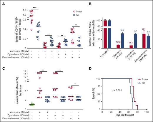Figure 5. BM niches influence chemosensitivity of hT-ALL. (A) Absolute numbers of hT-ALL recovered after in vitro treatment of thorax- and tail-derived T-ALL during 72 hours with 10 nM vincristine, 500 nM cytarabine, or 200 nM dexamethasone. Results are from 3 hT-ALL (#1-#3) individually cultured as tri- or quadruplicates. The line shows median cell numbers. (B) Same results calculated as fold decrease compared with untreated conditions. (C) Apoptosis levels in T-ALL cells treated (+) or not (−) with vincristine, cytarabine, or dexamethasone. Shown are apoptotic cell increases (in fold) relative to untreated thorax- or tail-derived hT-ALL cells. (D) Survival of secondary mice transplanted with 1300 to 13 000 cells/mouse following 72 hours in vitro treatment with 10 nM vincristine. Results are from 8 mice/group, hT-ALL#1. Statistics are calculated according to log-rank (Mantel-Cox) test (D) or nonparametric Mann-Whitney U test (*P < .05; **P < .01; ***P < .001).