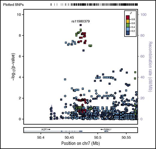 Figure 3. Regional plot of age-specific (<20, 20-40, >40 years) associations with B-ALL in IKZF1. Regional plot showing age-stratified association with B-ALL within IKZF1. The x-axis is the position on the chromosome (Mb), and y-axis is the −log10 P value. The circles (older adults), diamonds (young adults) and squares (pediatric) show the P value for the SNP association with risk of B-ALL, rs11980379. Filled colors indicated the LD with the most significant SNP shown in purple. Red indicates a high degree of LD whereas blue indicates lower r2. This plot shows a significant association in pediatrics, but no evidence of association with B-ALL in young adults and older adults.
