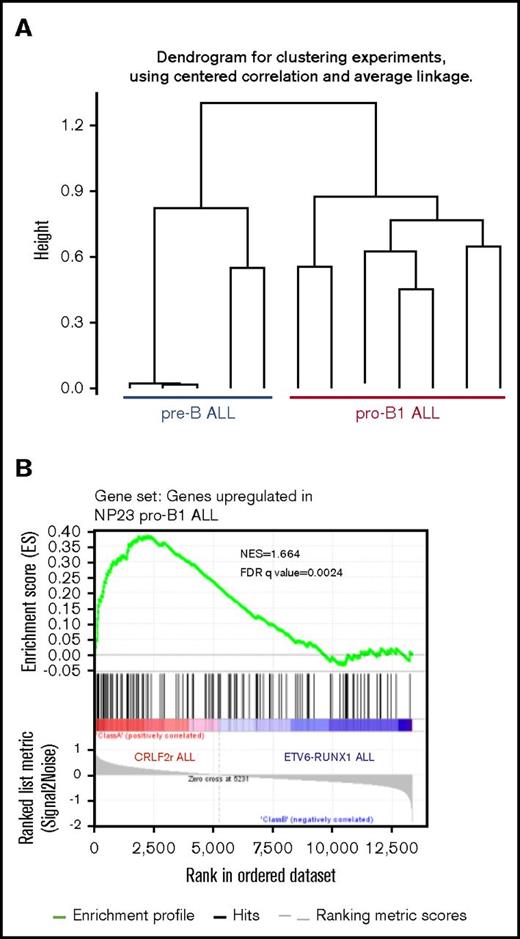 Figure 5. NP23 pro–B-1 ALL gene signature is enriched in pediatric ALL with CRLF2 rearrangements. (A) Hierarchical clustering of RNA-seq samples showing that NP23 pro–B-1 ALL expression profile is distinct from that of murine pre–B-2 ALL (taken from Eμ-RET and E2A-PBX mice). (B) GSEA plot showing enrichment of NP23 pro–B-1 ALL gene signature in pediatric ALL carrying CRLF2 rearrangements (GSE26281). The gene signature was generated by comparing NP23 pro–B-1 ALL with mouse pre–B-2 ALL (FPKM FC>2).