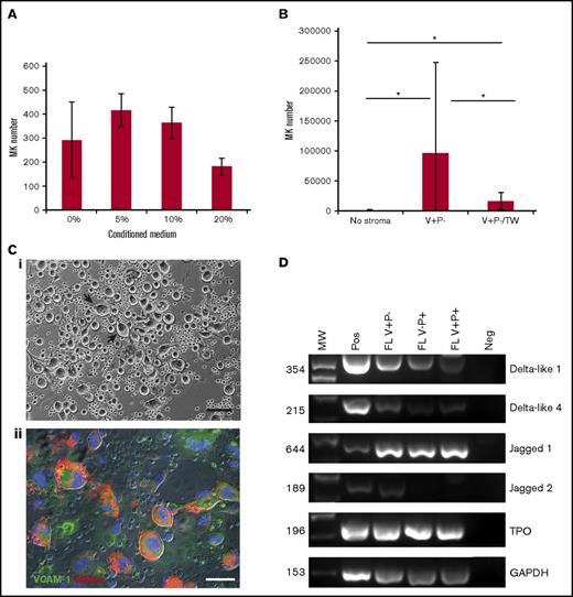 Figure 4. V+ P− stromal cells promote MK expansion via a contact-dependent mechanism. (A) HSCs (50 SLAM cells) were plated in low-cytokine serum-free medium in the presence of increasing proportions (vol/vol) of conditioned medium from a V+P− stromal cell layer. The bar graph represents the number of MKs produced per 50 SLAM cells plated. The mean values ± SD from 2 independent experiments were not statistically different. (B) Coculture of HSC and stromal layers were established in a noncontact setup using Transwell insert (V+P−/TW) with 0.3-μm pores and analyzed for MK content after 13 days of coculture in comparison with cultures without stroma and cocultures with a V+P− layer. Values represent mean ± SD of MKs produced per 50 SLAM cells from 3 independent experiments. *P < .01. (Ci) Phase contrast image of a cluster of large cells adherent on the stromal layers observed only during the coculture of HSC with V+P−–derived stromal layers. Representative image from a day 9 coculture is presented. Scale bar represents 100 μm. (Cii) Immunofluorescence analysis of the expression of CD42c (red) by the large cells forming clusters on V+P− stromal layers identified by the expression of VCAM-1 (green). Scale bar represents 30 μm. (D) Expression of Jag1, Jag2, Dll1, Dll4, TPO, and GAPDH transcripts in fetal liver stromal cells from adherent layers. Figures on the left side of the panel indicate amplicon size.