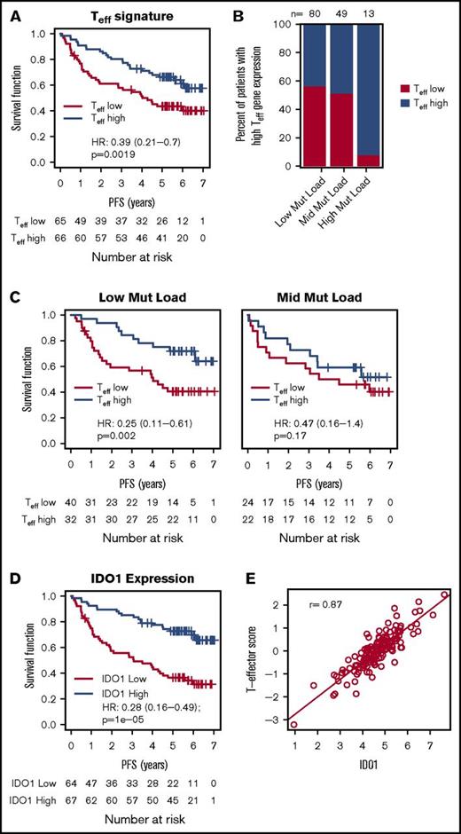 Figure 2. Association of Teff gene expression with PFS, mutation load, and IDO1. (A) The association between the Teff gene signature and PFS in all patients treated with chemoimmunotherapy. (B) The percent of FL patients with high and low Teff scores (median cut-point) among the 3 mutation load groups. (C) The association between the Teff gene signature and PFS among mutation load groups. (D) The association between IDO1 (stratified by median IDO1 expression) and PFS among all patients treated with chemoimmunotherapy. (E) The correlation of Teff expression with levels of IDO1. HRs, 95% CIs, and P values were calculated by using a Cox proportional hazards model, adjusted for age, FLIPI, sex, and response to induction therapy.
