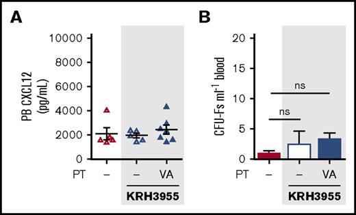Figure 6. KRH3955 does not stimulate MPC mobilization in VEGF-A pretreated mice. (A-B) Mice were pretreated with VEGF-A or vehicle (dash) once daily on 4 consecutive days. Twenty-four hours after the last injection, mice were administered KRH3955 or vehicle (dash), and 2 h later, blood was collected for analysis of CXCL12 in PB plasma (A) and circulating CFU-Fs (B) (n = 5-7 mice per group). CXCL12 levels are shown as picograms per milliliter. CFU-Fs are shown as colonies per milliliter of blood. Data from 2 independent experiments are represented as mean ± SEM (one-way ANOVA with Bonferroni test). PT, pretreatment; VA, VEGF-A.