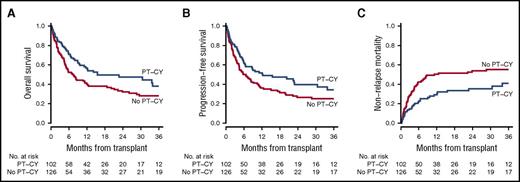 Figure 2. Outcomes according to the use of PT-CY in GVHD prophylaxis. (A-C) Shown are the OS, PFS, and NRM rates. Blue curves indicate PT-CY patients, and yellow curves indicate no PT-CY patients.