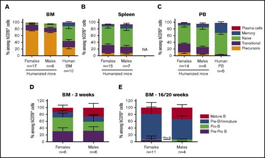 Figure 3. Comparison of B-cell subpopulations and precursors in female and male recipient mice. Sublethally irradiated NSG and NSG-pct mice were injected with 1.5 × 105 to 2 × 105 BM CD34+ cells and grafted under the kidney capsule with a partially HLA-matched human fetal thymus. (A-C) Mice were euthanized between weeks 16 and 20 after transplantation and BM (n = 17 females and 6 males), spleen (n = 15 females and 7 males), and PB (n = 14 females and 6 males) were collected and analyzed for their B-cell composition. Mean ± SEM of indicated B-cell subpopulation percentages among total CD19+ cells are shown. Animals with less than 1% CD19+ cells were excluded from the analysis. Females in the analysis were reconstituted from 5 to 7 BM donors whereas males were reconstituted from 2 to 3 BM donors. (A) Ten human BM and (C) 5 human PBMC samples were plotted for comparison. (D-E) Mice were euthanized (D) at week 3 (n = 6 females and 6 males) or (E) between weeks 16 and 20 (n = 11 females and 4 males) after transplantation. BM cells were collected, and early B-cell progenitors were analyzed by flow cytometry. Mean + SEM of indicated BM B-cell progenitor percentages among total CD19+ cells are shown. Animals with less than 1% CD19+ cells were excluded from the analysis. *Statistical significance calculated by the nonparametric Mann-Whitney U test used for each B-cell population. NA, not available.