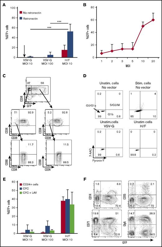 Figure 2. H/F-LVs allow high-level transduction of unstimulated CD34+ cells without altering their immature phenotype. (A) Freshly isolated hCD34+ cells were transduced with H/F-LVs or VSV-G-LVs at indicated MOIs in the presence or absence of retronectin. No cytokines were added. Three days after transduction, the cells were evaluated for the percentage of GFP+hCD34+ cells by FACS (mean ± SD; n = 6). (B) Unstimulated hCD34+ cells were transduced with H/F-LVs at increasing MOIs in the presence of retronectin. Three days after transduction, the cells were analyzed for the percentage of GFP+hCD34+ cells by FACS (mean ± SD; n = 6). (C) Surface marking of very immature progenitors (CD34+CD38–CD90+) for the transduced (GFP+) and untransduced (GFP–) cells. The arrows indicate the gated areas. (D) Cell cycle progression was monitored by simultaneously visualizing the RNA (Pyronine-Y) and DNA (7-AAD) content of the hCD34+ cells 3 days after transduction. The percentages of cells in the G0/G1a, G1b, and S/G2/M phase of the cell cycle are indicated in the dot blots. (E) Comparison between the percentage of GFP+ unstimulated (Unstim) CD34+ cells and the percentage of GFP+ myeloid colonies (CFCs) derived from these transduced CD34+ cells. In parallel, the CFC assay was performed in the presence of the RT inhibitor lamivudine (LAV) to exclude rescue of transduction resulting from H/F-LV bound to the cell surface upon cytokine stimulation (mean ± SD; n = 4). (F) Surface staining for the different transduced myeloid colonies derived from unstimulated transduced hCD34+ cells (GlyA for erythrocytes; CD15 and CD14 for granulocytes, monocytes, and macrophages; CD71 for immature erythrocyte progenitors). Data in panels C, D, and F are representative of 3 independent experiments. Statistical analysis for comparison of VSV-G-LVs vs H/F-LVs was performed by using a paired Student t test. ***P < .001. Stim, stimulated.