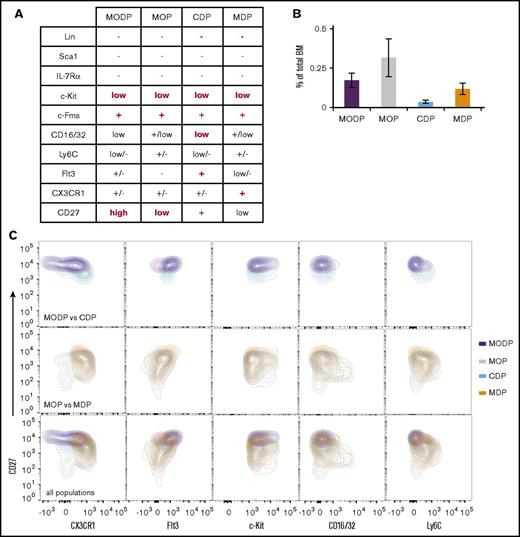 Figure 6. Surface phenotype of CDP and MDP compared with MODP and MOP. (A) Overview of cell surface marker expression on MODP, MOP, CDP, and MDP, according to our own flow cytometric analysis and literature data.6 Indicated in red are the markers used for definition and flow cytometric purification. (B) MODP, MOP, CDP, and MDP populations as a percentage of total live BM cells (mean ± SD; n = 3). (C) Contour plots showing CX3CR1, Flt3, c-Kit, CD16/32, or Ly6C and CD27 expression on MODP versus CDP (top), MOP versus MDP (middle), or all 4 progenitor populations (bottom) in 1 plot. Data are representative of 3 experiments.