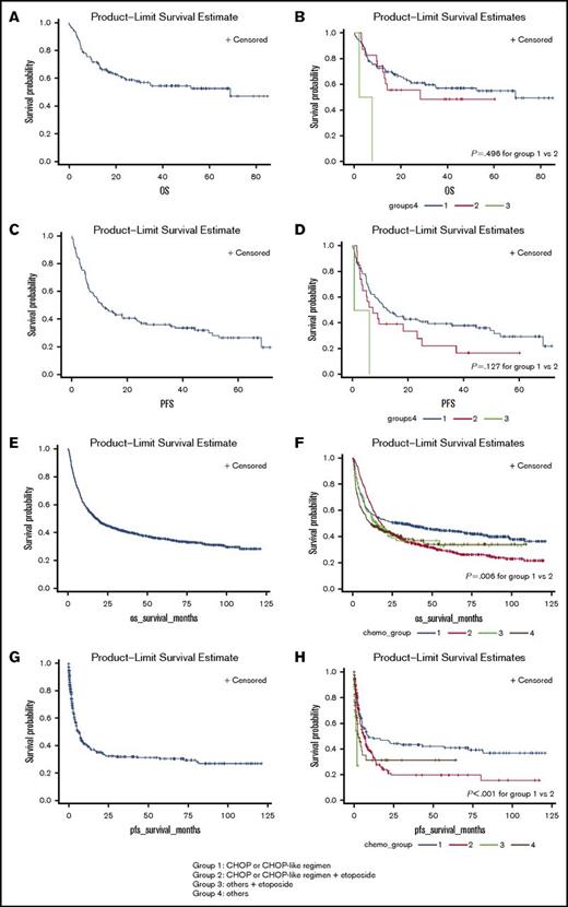 Figure 1. OS and PFS of all patients. (A) OS of all patients treated at SNUH. (B) OS of all patients treated at SNUH according to first-line chemotherapy. (C) PFS of all patients treated at SNUH. (D) PFS of all patients treated at SNUH according to first-line chemotherapy. (E) OS of all patients enrolled in KCCR. (F) OS of all patients enrolled in KCCR according to first-line chemotherapy. (G) PFS of all patients enrolled in KCCR. (H) PFS of all patients enrolled in KCCR according to first-line chemotherapy.