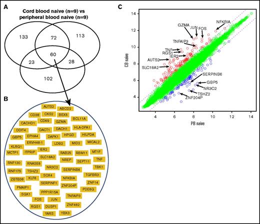 Figure 3. Transcriptional signature of naive cord blood CD4+ T cells. (A) Venn diagram of differentially expressed genes in 3 microarray experiments comparing the naive CD4+ T cells from normal donor cord blood and peripheral blood. Sixty genes overlapped in the 3 experiments. (B) Sixty genes that represent the signature of naive cord blood CD4+ T cells. (C) Scatterplot of pairwise global gene expression comparison of naive cord blood CD4+ T cells and naive peripheral blood CD4+ T cells. Gene expression values are plotted on a log scale. Genes that were differentially expressed between groups (determined using P < .05 and fold-change ≥2) are indicated in red and blue. Specific genes that were differentially expressed are highlighted with arrows.