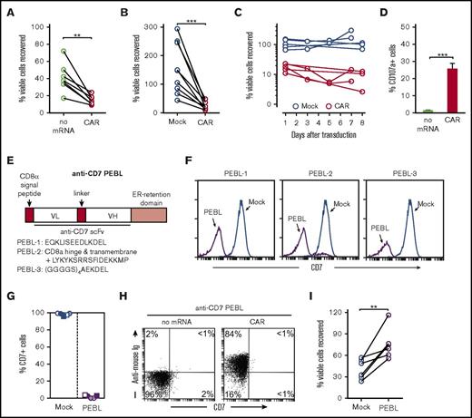 Figure 3. Expression of anti-CD7 CAR in human peripheral blood T cells results in fratricide, which is prevented by CD7 downregulation. (A) The percentage of viable T cells recovered 24 hours after electroporation with or without anti-CD7 CAR mRNA (n = 7). Viable cells were counted by flow cytometry. (B) The percentage of viable T cells recovered 24 hours after CAR transduction with a retroviral vector as compared with cells from the same donors transduced with GFP alone (Mock) (n = 10). (C) The percentage of viable CAR- or mock-transduced T cells recovered during the week after transduction. Shown are follow-up results for 5 of the 10 experiments shown in panel B. (D) The percentage of CD107a in T cells after electroporation with or without anti-CD7 CAR mRNA. Mean (± SD) of triplicate measurements are shown. (E) Schematic representation of anti-CD7 PEBL constructs. (F) Representative flow cytometric histograms illustrate CD7 expression in T lymphocytes after retroviral transduction of 3 anti-CD7 PEBLs or mock-transduced GFP alone (Mock). T cells were stained with anti-CD7–PE (M-T701; BD Biosciences). (G) The percentage of CD7 expression in T cells retrovirally transduced with the anti-CD7 PEBL-1 or mock-transduced (n = 5). (H) Flow cytometric dot plots illustrate downregulation of CD7 expression in T cells by PEBL transduction together with expression of anti-CD7–41BB-CD3ζ CAR 12 hours after electroporation with or without CAR mRNA. Cells were stained with biotin-conjugated goat anti-mouse F(ab′)2 antibody and streptavidin-APC (Jackson ImmunoResearch Laboratories). (I) The percentage of viable T cells transduced with anti-CD7 PEBL recovered 24 hours after electroporation of anti-CD7 CAR mRNA as compared with cells electroporated with the anti-CD7 CAR mRNA, but transduced with a vector without anti-CD7 PEBL (n = 6). The number of viable cells was measured by flow cytometry. **P < .01; ***P < .001.