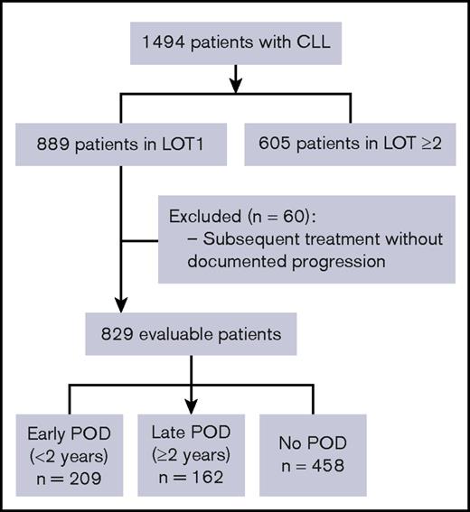 Figure 1. Consolidated Standards of Reporting Trials diagram for participant selection. Progression includes relapsed/refractory CLL and histologic transformation. Patients who died or received subsequent treatment without documented progression were excluded. LOT1, first-line therapy; LOT ≥2, second or further lines of therapy.