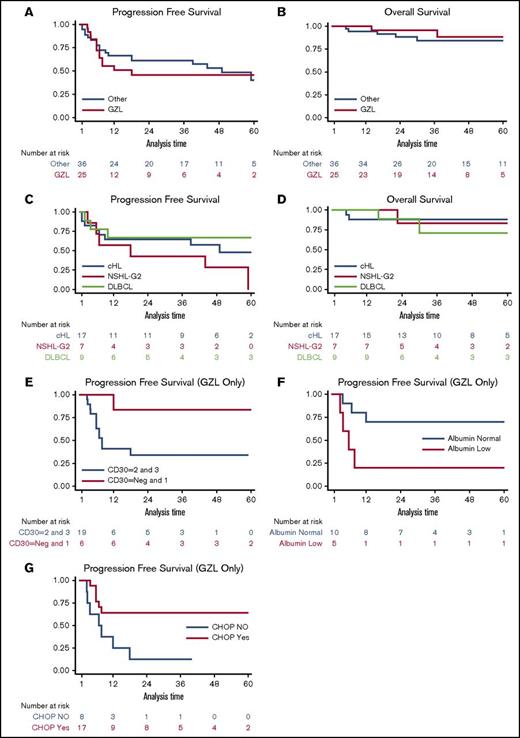 Figure 2. Survival. The 3-year (A) PFS of 25 patients with GZL compared with 36 reclassified lymphoma cases was 39% and 58%, respectively (P = .19), and corresponding 3-year (B) OS was 95% and 85%, respectively (P = .15). Kaplan-Meier curves comparing PFS (C) and OS (D) for cHL NS2 vs cHL vs DLBCL; 3-year PFS rates were 43%, 65%, and 67% (P = .67), respectively, and 3-year OS rates were 83%, 88%, and 71%, respectively (P = .80). The outcome (E) for patients with GZL based on CD30 expression was 3-year PFS of 83% for Neg-1 vs 34% for 2-3 on immunohistochemistry; (F) the 3-year PFS for patients with hypoalbuminemia vs normal albumin were 64% vs 12% (P = .01). Kaplan-Meier curves (G) for patients who received CHOP±R therapy for frontline therapy vs not; 3-year PFS was 70% vs 20%, respectively (P = .03). The 2 latter findings persisted on multivariable Cox regression analysis.