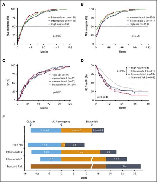 Figure 7. Impact of 3 intervals on patient survival. (A-B) Time course of ACA emergence (interval 1) by risk group. Patients with ACAs at initial diagnosis were excluded in panel A but included in panel B. (C) Time course of blastic transformation from initial diagnosis (intervals 1 + 2) in patients who developed BP. Patients with BP at initial diagnosis were not included. (D) Patient survival after onset of BP (interval 3) by risk group. (E) Schematic representation of patient survival by risk groups. The OS is determined by time intervals from initial CML diagnosis to ACA emergence (interval 1), from ACA emergence to blastic transformation (interval 2), and survival after onset of blastic transformation (interval 3).