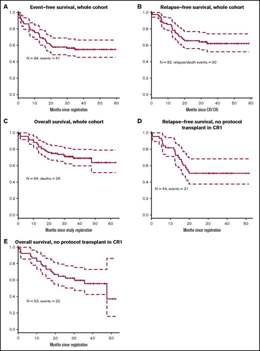 Figure 3. Survival outcomes. (A) Event-free survival for the whole cohort. (B) Relapse-free survival for the whole cohort. (C) Overall survival for the whole cohort. (D) Relapse-free survival in patients with no protocol transplant in first remission. (E) Overall survival in patients with no protocol transplant in first remission.