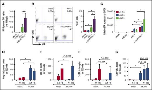 Figure 2. HCMV latent infection of PB-CD4 cells results in increased HIV-1 infection. PB-CD34 cells mock- or HCMV strain Towne-infected at day 5 PI were infected by HIV-1NL4-3 for 3 days. (A) Proviral DNA copy number determined by digital PCR with known input cell numbers calculated from CCR5 qPCR is shown (n = 12). (B) Representative flow cytometry plots and column graph for intracellular staining for CD34+p24 on PB-CD34 cells with or without HCMV latent infection at day 5 PI followed by HIV-1 infection for 48 hours with X4-tropic HIV-1NL4-3 (n = 4). Numbers represent percentages on plots. (C) LTR activity from cDNA determined by qPCR in a time course experiment (n = 4). PB-CD34 cells infected with mock or HCMV strain Merlin day 5 PI were infected with HIV-1NL4-3 or R5-tropic HIV-1JR-FL for 12 hours and qPCR was performed (n = 4) to assess (D) proviral DNA, (E) late RT products, (F) 2-LTR circles, and (G) HCMV DNA copies. Data represent mean ± SEM. *P < .05.