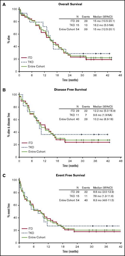 Figure 2. Overall outcomes of FLT3-mutated AML treated with sorafenib. Kaplan-Meier curves for OS (A), DFS (B), and EFS (C).