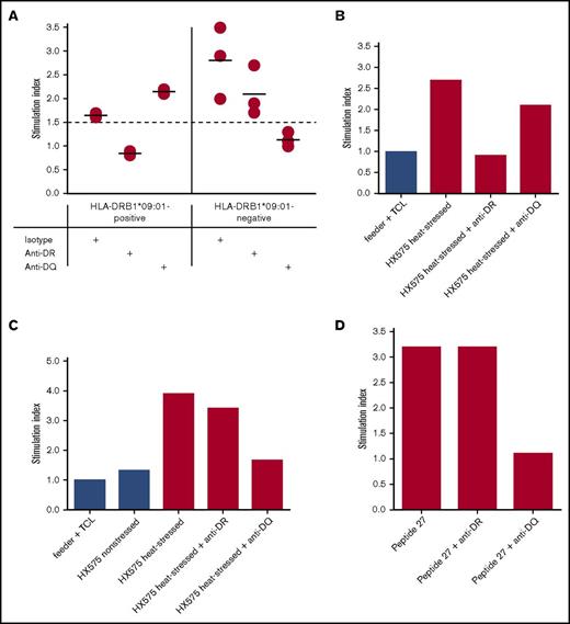 Figure 4. T-cell responses to rhEPO are HLA-DR or HLA-DQ restricted. (A) T cells from responders were primed and restimulated with heat-stressed HX575, and cultured in the presence (+) of isotype control, anti–HLA-DR, or anti–HLA-DQ antibody. HLA-DR and HLA-DQ restriction of T-cell responses to heat-stressed HX575 is shown in HLA-DRB1*09:01-positive (n = 2) and HLA-DRB1*09:01-negative (n = 3) healthy donors, respectively. (B) HLA-DR restriction of TCL responses to heat-stressed HX575 in HLA-DRB1*09:01-positive donor 8. (C) HLA-DQ restriction of TCL responses to heat-stressed HX575 in HLA-DRB1*09:01-negative donor 2. (D) HLA-DQ restriction of TCL responses to peptide 27 in HLA-DRB1*09:01-negative donor 2. A specific T-cell response shown as SI was calculated by a ratio of cell proliferation with individual stimuli divided by the cell proliferation with vehicle control.