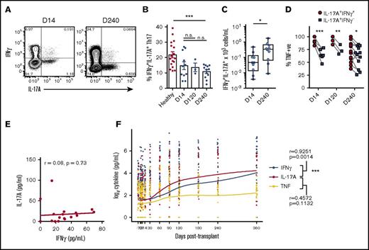 Figure 5. Proinflammatory Th17 in patients following allo-SCT. (A) Representative FACS analysis and (B) proportion of peripheral blood CD4+IL-17A+ T cells expressing IFNγ in healthy donors and d14, d120, and d240 after clinical allo-SCT and CsA treatment (∼d0-d100) (mean ± SEM, d14, n = 11 patients, d240, n = 12 patients). (C) Total IL-17A+IFNγ+ concentrations in human peripheral blood d14 and d240 after clinical allo-SCT and CsA treatment (mean ± SEM, d14, n = 10 patients, d240, n = 10 patients, ***P < .001). (D) Proportion of human peripheral blood IL-17A+IFNγ+ and IL-17A+IFNγ– CD4+ T cells coexpressing TNF on d14, d120, and d240 posttransplant (paired analyses, d14, n = 6 patients, d120, n = 3 patients, and d240, n = 12 patients, *P < .05, **P < . 01, ***P < .001). (E) Pearson correlation analysis of systemic IL-17A and IFNγ concentrations in healthy donor plasma. (F) Cross-correlation analysis of systemic IL-17A, IFNγ, and TNF concentrations in patient plasma over time derived from allo-SCT recipients on days −7, 0, 7, 14, 30, 60, 90, 120, 180, 240, and 360 (n = 53 patients, ***P < .001). n.s., not significant; TNF+ve, tumor necrosis factor positive.