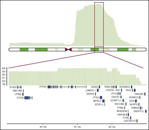 Figure 1. Localization of del(20q) MDR. Upper panel sums detected mosaic losses at each genomic position. Lower panel is a zoomed-in region of 20q (red box) showing genes nearby and in the MDR region from chr20:40 425 000 to 42 155 000 (GRCh36). chr20, chromosome 20.