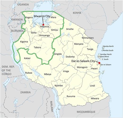 Figure 1. Map of Tanzania. The catchment area for the HIV EID program serviced by BMC PCR laboratory is outlined in green. Derived from https://commons.Wikimedia.org/wiki/File:Tanzania location map.svg. © Sémhur/Wikimedia Commons/CC-BY-SA-3.0 (or Free Art License).