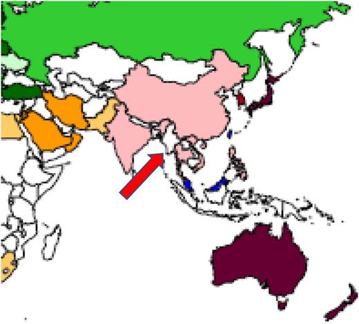 Figure 2. Map showing the location of Myanmar in Asia.