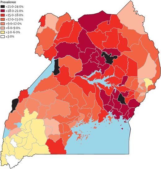 Figure 1. The prevalence of sickle cell trait across 112 districts in Uganda. The prevalence ranged from 2.5% to 23.9%.1