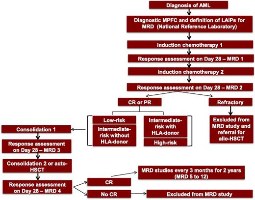 Figure 1. Study workflow. Before immunophenotypic analysis, BM slides are reviewed to confirm diagnosis or posttreatment morphological remission. In cases where morphology cannot define the acute leukemia phenotype as myeloid or lymphoid, a screening study is performed by using an orientation antibody panel including CD45, CD34, myeloperoxidase, CD19, CD79a, CD3, CD7. LAIPs are defined in BM samples at diagnosis, after each course of therapy, pre–autologous stem cell transplantation, post–autologous stem cell transplantation, and every 3 months thereafter for 2 years. In addition, a sample of stem cell–enriched peripheral blood harvested for autologous transplant is analyzed.