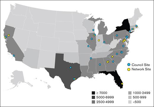 Alignment of patients and sites. Geographic distribution of people with SCD. Overlaid on the map are the locations of current sites with affiliation with the ASH RC SCD. Adapted from Hassell.17