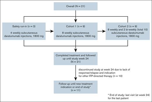CONSORT flow diagram of the study. The first 3 patients participated in the safety run-in cohort, and received 4 weekly subcutaneous daratumumab injections of 1800 mg. Each patient in the safety run-in cohort was treated and observed individually for 4 weeks after treatment. In the subsequent phases of the study, 9 patients were included in cohort 1, and received 8 weekly subcutaneous daratumumab injections. The last 9 patients were included in cohort 2, and received 8 weekly subcutaneous daratumumab injections, followed by 2 biweekly injections (total of 10 injections). The primary end point, response, was evaluated at week 12 in the safety run-in and cohort 1, and week 16 in cohort 2. All patients were followed until study week 24. Patients with sustained response and nonresponders without a need for other ITP-directed therapy were followed until the end of the study.