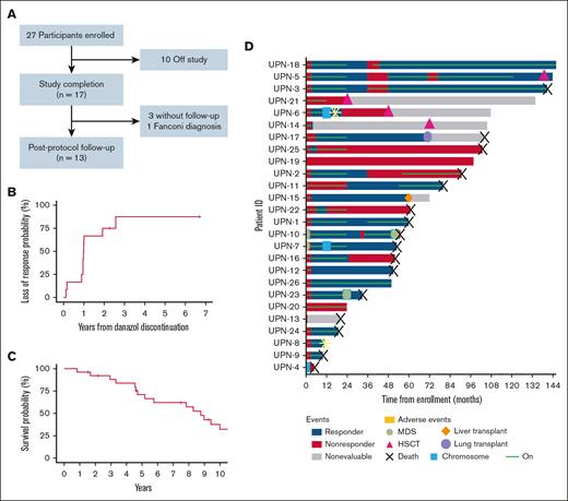 Long-term clinical outcomes of patients on danazol. (A) CONSORT diagram from initial enrollment on study, study completion, and post-protocol follow-up. One patient from the 27 enrolled was deemed nonevaluable due to subsequent Fanconi anemia diagnosis. (B) Time to loss of hematologic response after danazol discontinuation per protocol. (C) OS of the patients on the danazol study with long-term follow-up. (D) A swimmer diagram indicating hematologic response (blue) or lack of hematologic response (red) to danazol (green line overlayed). A gray bar indicates hematologic response is nonevaluable, such as if there was remote follow-up or post-hematopoietic stem cell transplant (HSCT). Events indicated are chromosomal abnormalities, MDS/myelodysplastic neoplasm development, HSCT, liver transplant, lung transplant, adverse events, and death.