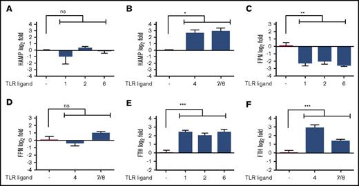 Figure 5. TLR signaling induces hypoferremia through 2 independent pathways. (A-B) Hepcidin expression in THP-1 cells treated with different TLR ligands and organized to show hepcidin noninducers (A) and hepcidin inducers (B). (C-D) Ferroportin (FPN) expression in THP-1 cells treated with TLR ligands and organized as in panels A and B. (E-F) Ferritin (FTH) expression in THP-1 cells treated with different TLR ligands and organized as in panels A and B. All data were from 3 independent experiments. *P < .05, **P < .01, ***P < .001.