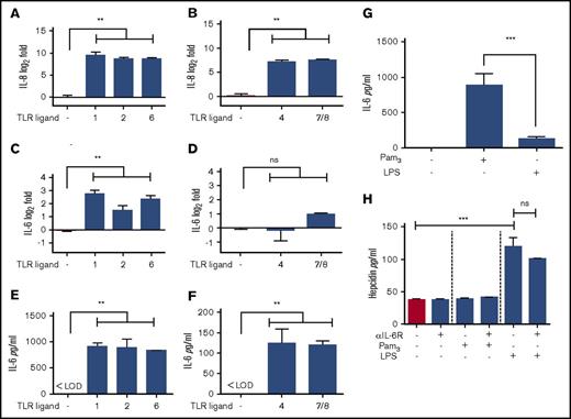 Figure 6. TLR-mediated hepcidin induction is independent of IL-6 signaling. (A-B) IL-8 expression in TLR-treated macrophages and organized to show hepcidin noninducers (A) and hepcidin inducers (B). (C-D) IL-6 expression in TLR-treated macrophages and organized as in panels A and B. (E-F) IL-6 secretion in TLR-treated macrophages and organized as in panels A and B. (G) IL-6 secretion in macrophages treated with Pam3CSK4 or LPS for 24 hours. (H) Hepcidin secretion in macrophages treated with Pam3CSK4 or LPS for 24 hours in presence of 1 μg/mL of IL-6 receptor–blocking antibody. All data were from 3 independent experiments. **P < .01, ***P < .001. LOD, limit of detection.