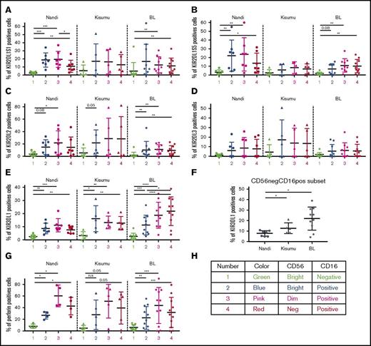 Figure 2. Comparison of KIR and perforin expression by different NK cell subsets for Nandi, Kisumu, and eBL children. Comparison of KIR2DL1S1 (A), KIR2DL1S5 (B), KIR2DL2 (C), KIR2DL3 (D), and KIR3DL1 (E) among the different NK cell subsets: CD56brightCD16neg (1), CD56brightCD16pos (2), CD56dimCD16pos (3), and CD56negCD16pos (4). (F) Expression of KIR3DL1 on CD56negCD16pos NK cells among Nandi, Kisumu, and eBL children. For all KIRs, Nandi, n = 7; Kisumu, n = 5; and BL, n = 10. (G) Perforin expression by NK cell subsets: CD56brightCD16neg (1), CD56brightCD16pos (2), CD56dimCD16pos (3), and CD56negCD16pos (4) (Nandi, n = 4; Kisumu, n = 5; eBL, n = 9). (H) Color code used for data. Data are mean ± SD. *P < .05, **P < .01, ***P < .001, ****P < .0001. n.s., not significant.