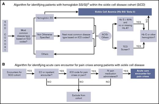 Figure 1. Diagrammatic representation of the algorithms. (A) Algorithm for identifying patients with HbSS and HbSβ0 thalassemia disease within SCD cohort. (B) Algorithm for identifying acute care encounters for pain crises among patients with SCD. ED, emergency department; NOS, not otherwise specified.