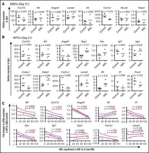 Figure 5. Dynamic alteration of hematopoiesis-supportive gene expression in BM stromal cells during AML development. Gene expression was determined by qPCR on freshly FACS-sorted BM SCA1+CD51+ MSCs, SCA1−CD51+ MPCs, and CD31+ ECs from recipient mice at different time points posttransplantation of MLL-AF9+ AML cells or normal KIT+ HSPCs. Data are presented as mean values of duplicate or triplicate qPCR measurements from 3 to 4 independent sorting experiments. Statistical differences were determined using an unpaired parametric 1-sided Student t test and Pearson or Spearman correlation. (A) Relative mRNA expression of hematopoiesis-supportive genes and mesenchymal lineage–associated genes in BM MSCs 21 days after transplantation of AML cells. (B) Relative expression of hematopoiesis-supportive genes and mesenchymal lineage–associated genes in BM MPCs 21 days after transplantation of AML cells. (C) Correlation between AML cell engraftment and relative expression of the hematopoiesis-supportive genes in recipient BM MPCs after transplantation of the AML cells.