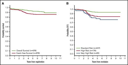 Figure 2. Kaplan-Meier curves reporting survival for Ph− B-ALL patients. (A) OS and EFS overall. (B) DFS by final risk group for patients achieving CR.