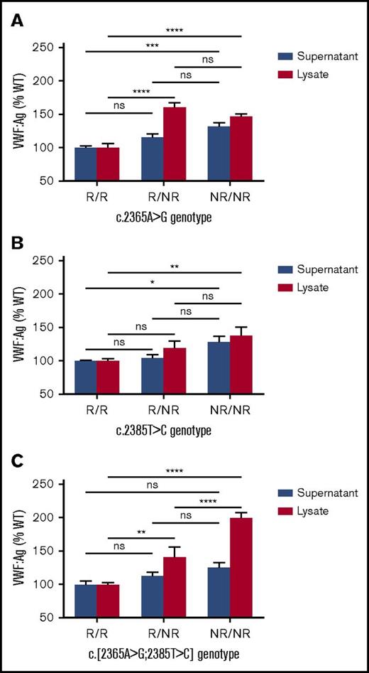 Figure 2. In vitro expression of recombinant VWF protein. (A) SNV c.2365A>G. (B) SNV c.2385T>C. (C) Both SNVs in cis. Genotypes compared using a 2-way ANOVA with the Tukey multiple comparisons test (*P < .05; **P < .01; ***P < .001; ****P < .0001). Mean values for n = 3 triplicate measurements are shown (bars indicate standard error of the mean).