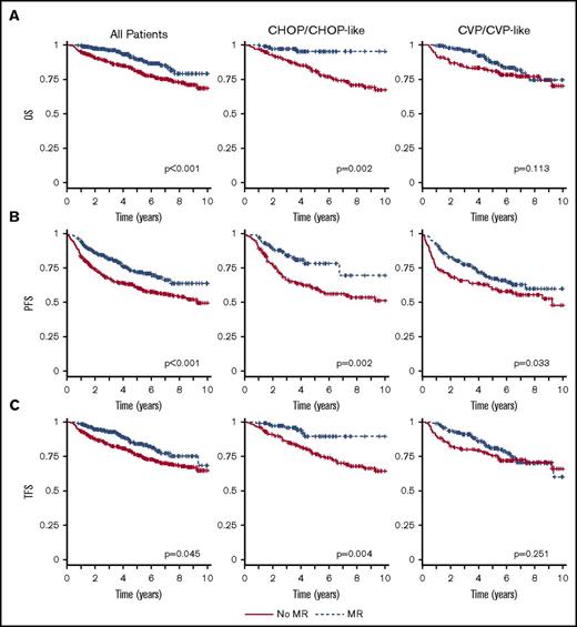 Figure 2. Outcome by maintenance and type of induction treatment. OS (A), PFS (B), and TFS (C) by maintenance and type of induction treatment (training cohort). Time calculated from initiation of first-line induction treatment.