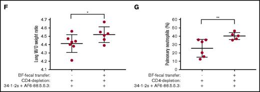 BF and SPF mice demonstrate a different gastrointestinal microbiome composition and priming with BF fecal matter restores TRALI-susceptibility in SPF mice. (A) Phylogenetic tree of BF mice, which are susceptible to TRALI (BF – TRALI); SPF mice, which do not suffer from TRALI (SPF – NO TRALI); and BF mice treated with antibiotics, which are also resistant to TRALI (BF – antibiotics NO TRALI). (B-C) Gastrointestinal bacterial heat maps and pie charts on family level, respectively. (D-E) Gastrointestinal bacterial heat maps on genus and species levels, respectively. (F-G) Data from BF fecal transfer into SPF mice: (A) lung W/D weight ratios, (B) pulmonary PMN numbers upon CD4+ T-cell depletion and anti-MHC class I antibody (clones 34-1-2s and AF6-88.5.5.3) infusion into indicated mouse groups. Heat map row numbers 1-3, BF mice upon arrival; 4-6, BF mice after 1 week of housing; 7-9, SPF mice upon arrival; and 10-12, SPF mice after 1 week of housing. (F-G) Analyzed by a 1-tailed unpaired Student t test and represent combinatorial data from 2 experiments. Each dot represents 1 mouse; error bars represent SD. *P < .05, **P < .01.