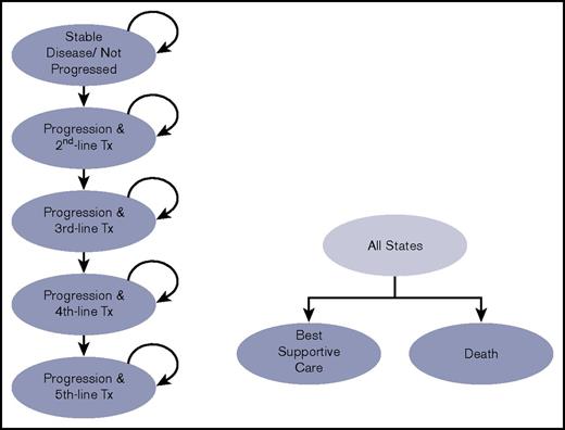 Figure 1. Diagram of the Markov model structure. Patients transition from the stable disease/not progressed disease state to progression or death according to transition probabilities derived by calibration to the published RESONATE-2 survival curves. Tx, therapy.