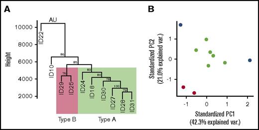 Figure 2. Clustering analysis of translational efficiencies. (A) The TE values for each detected gene were used to cluster samples using Mcquitty linkage with a Manhattan distance matrix; values at branch points are approximately unbiased (AU) P values, calculated by multiscale bootstrap resampling using the pvclust R package. Patients 18, 24, 27, 28, 30, and 31 (type A) are denoted within the green rectangle; patients 25 and 29 (type B) are denoted within the red rectangle. (B) The TE values for each detected gene were used in a principal components analysis. The outlying patients (10 and 22) are illustrated as blue dots, while type A are green dots and type B are red dots.